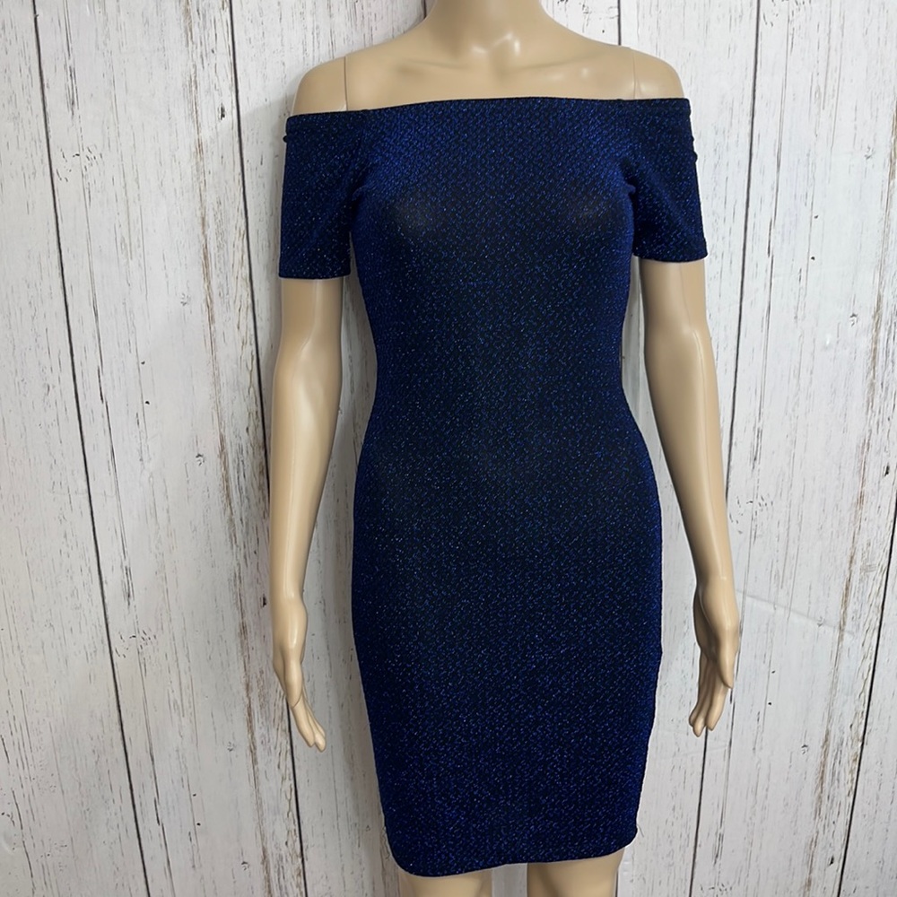 Anthro Haute Monde Blue Metallic Blue Bodycon Off-the-Shoulder Dress Size Small